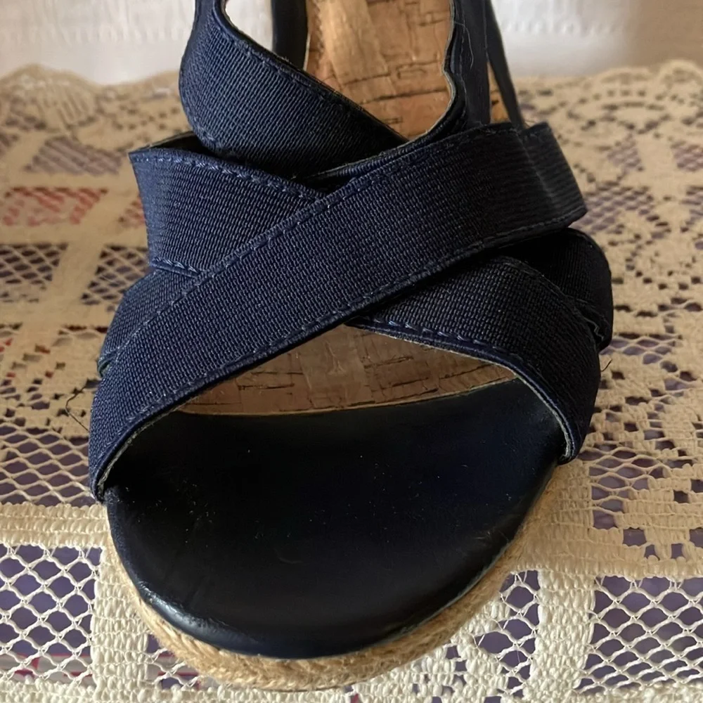Merona Women’s Sz 10 Navy Blue Espadrille Wedge Sandals 3” Heel Ankle Strap GUC